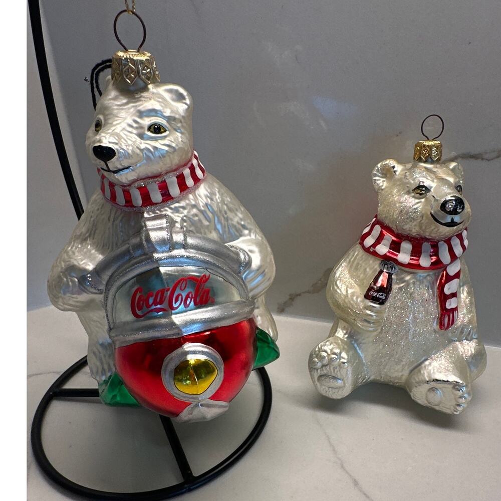 Set of 2 Vintage Coca Cola Polar Bear Glass Ornaments Drinking Coke, Snow Mobile